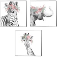 Framed Safari Animal with Flower Crown 3 Piece Canvas Print Set