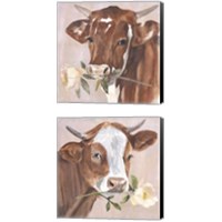 Framed Peony Cow 2 Piece Canvas Print Set