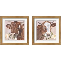 Framed 'Peony Cow 2 Piece Framed Art Print Set' border=