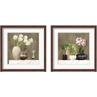 Framed 'Floral Setting on White Marble 2 Piece Framed Art Print Set' border=