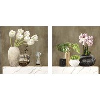 Framed 'Floral Setting on White Marble 2 Piece Art Print Set' border=